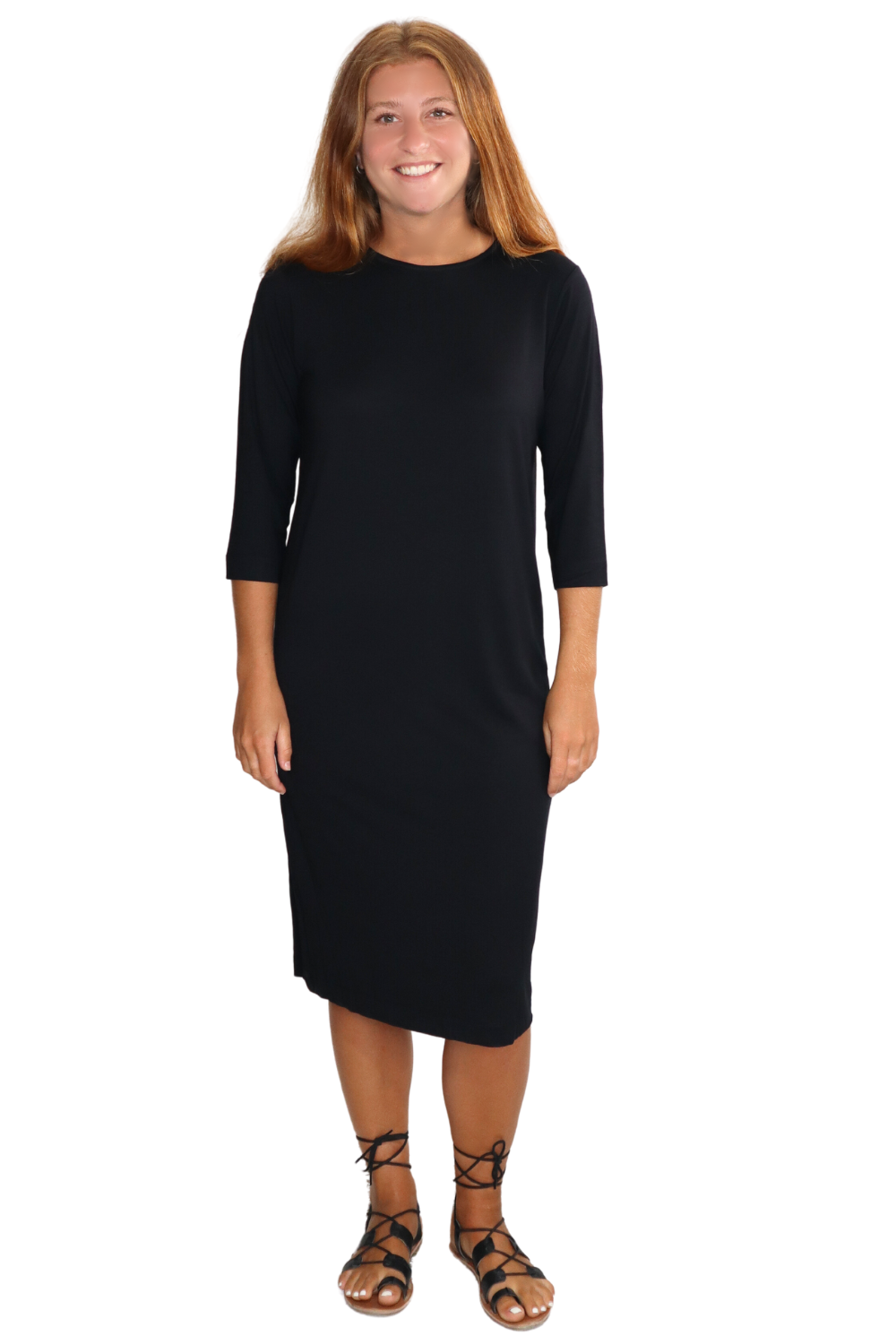 Classic Sleeve Modest Knee-Length Shift Dress - Black Large