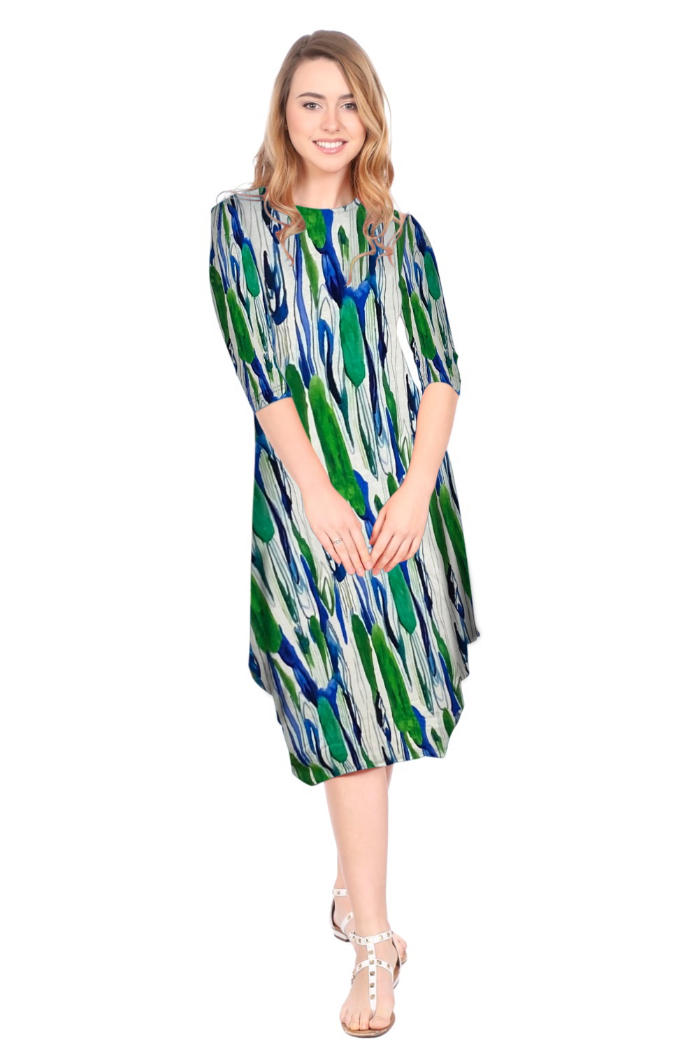 Flowing Midi Dress with Sleeves and Dramatic Drape