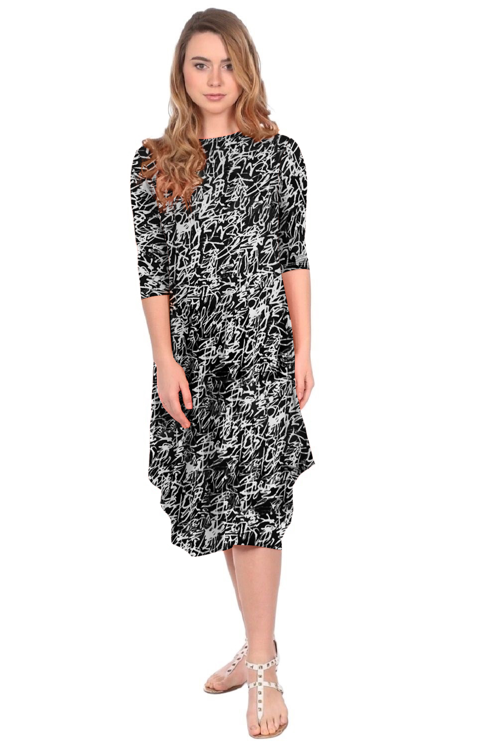 Flowing Midi Dress with Sleeves and Dramatic Drape - Black & White Graffiti X