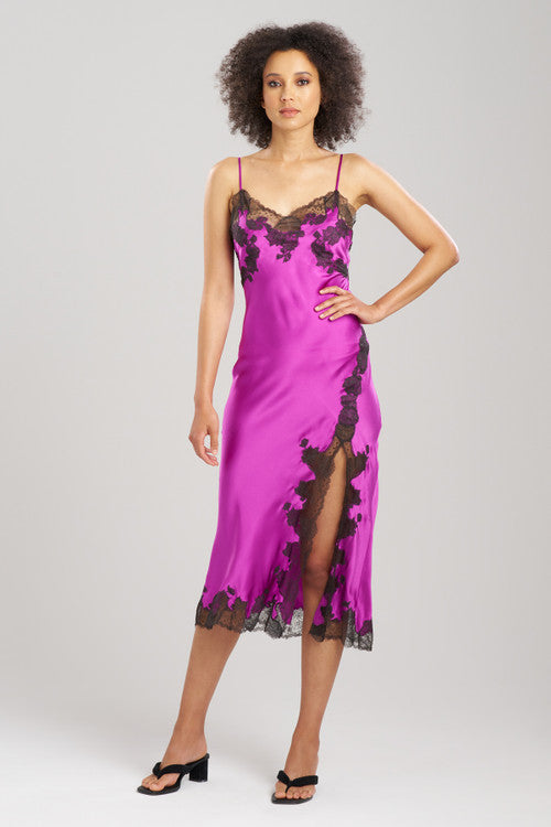 Lolita Lace Slit Silk Slip Dress - Bright OrchidAsh Black