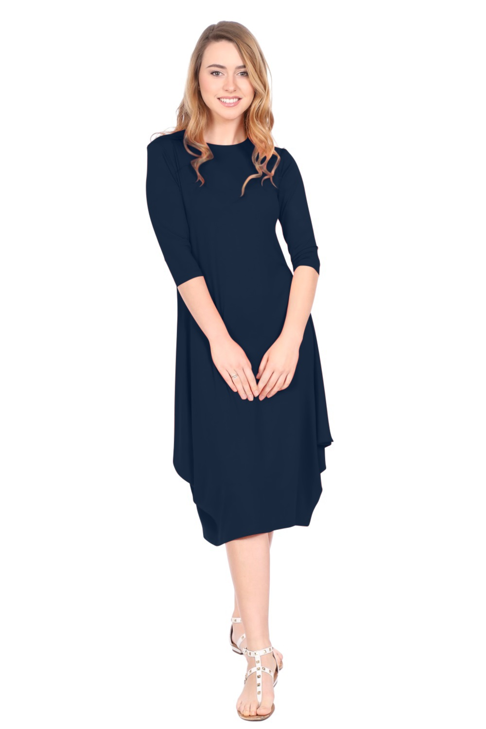 Flowing Midi Dress with Sleeves and Dramatic Drape - Dark Navy Small