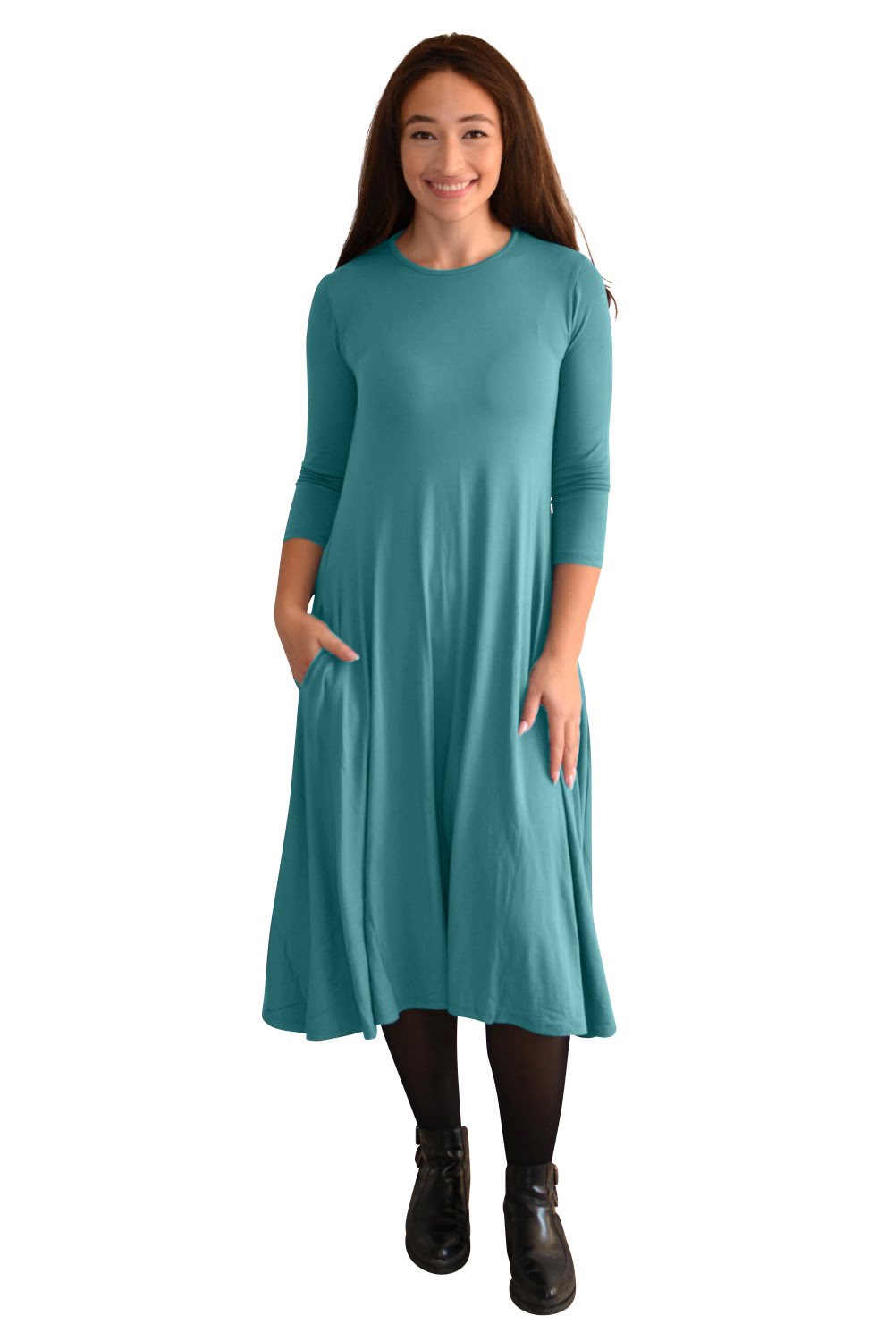 Mid-Calf Sleeve Swing Dress with Pockets - Soft Teal Large