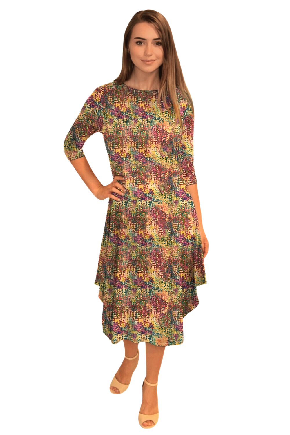 Flowing Midi Dress with Sleeves and Dramatic Drape - Muted Pixels Small