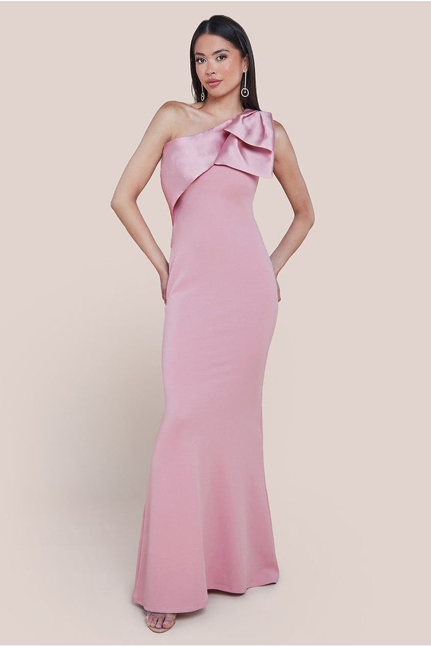 Goddiva One Shoulder Satin Bow Scuba Crepe Maxi Dress