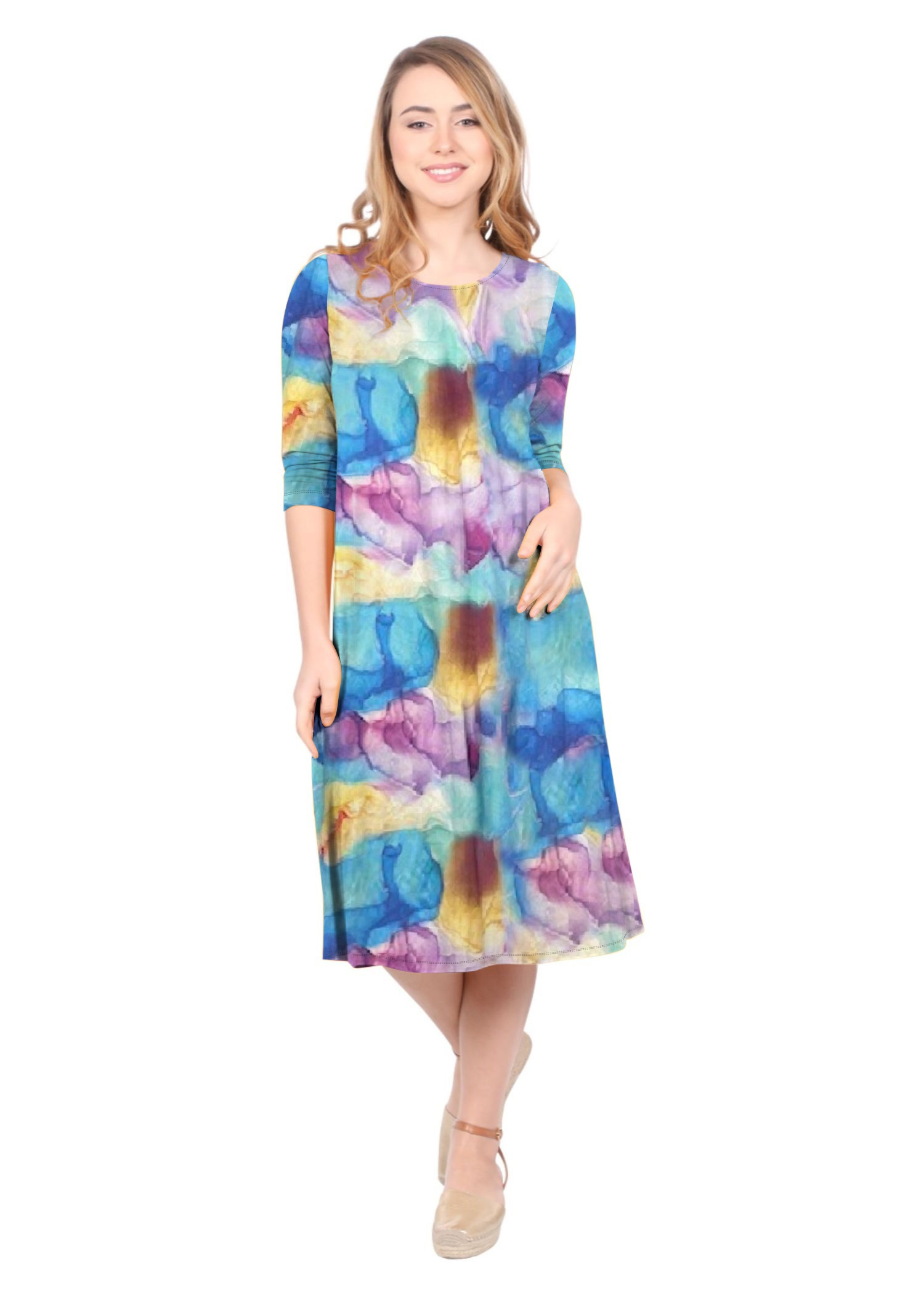 Past The Knee Shirt Dress - Comfortable A-Line Silhouette - Spring Watercolor Medium