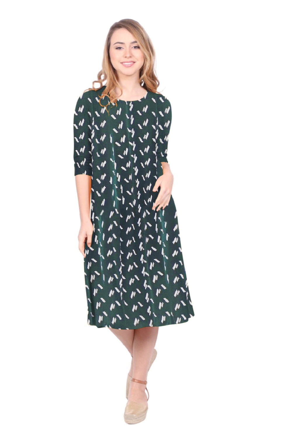 Past The Knee Shirt Dress - Comfortable A-Line Silhouette - GreenWhite Dashes X