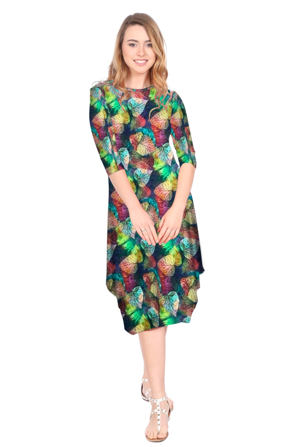 Flowing Midi Dress with Sleeves and Dramatic Drape