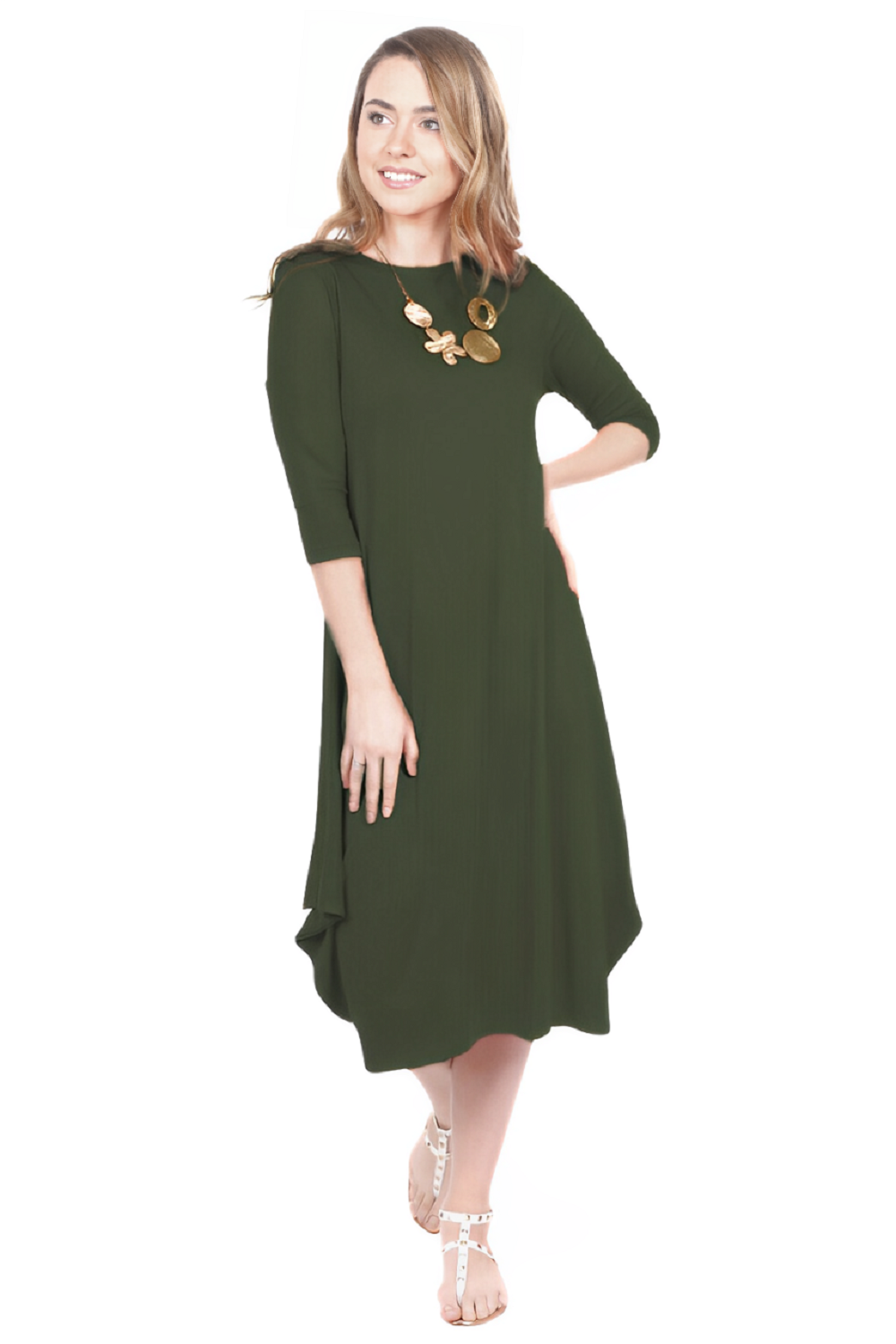 Flowing Midi Dress with Sleeves and Dramatic Drape