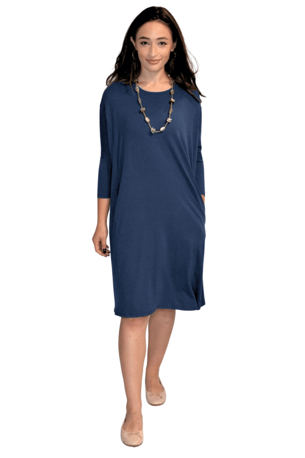 Relaxed Fit Modest Sleeve Knee-Length Dress with Pockets - Navy SmallMedium
