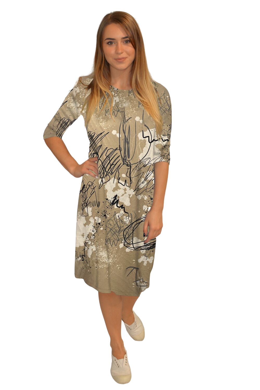 Classic Knee Length A-Line Shirt Dress - Beige Graphic Lines Large
