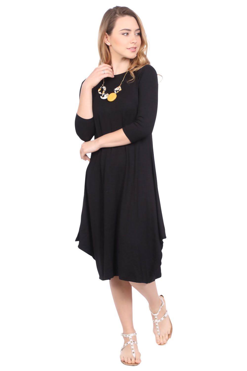 Flowing Midi Dress with Sleeves and Dramatic Drape - Black Small