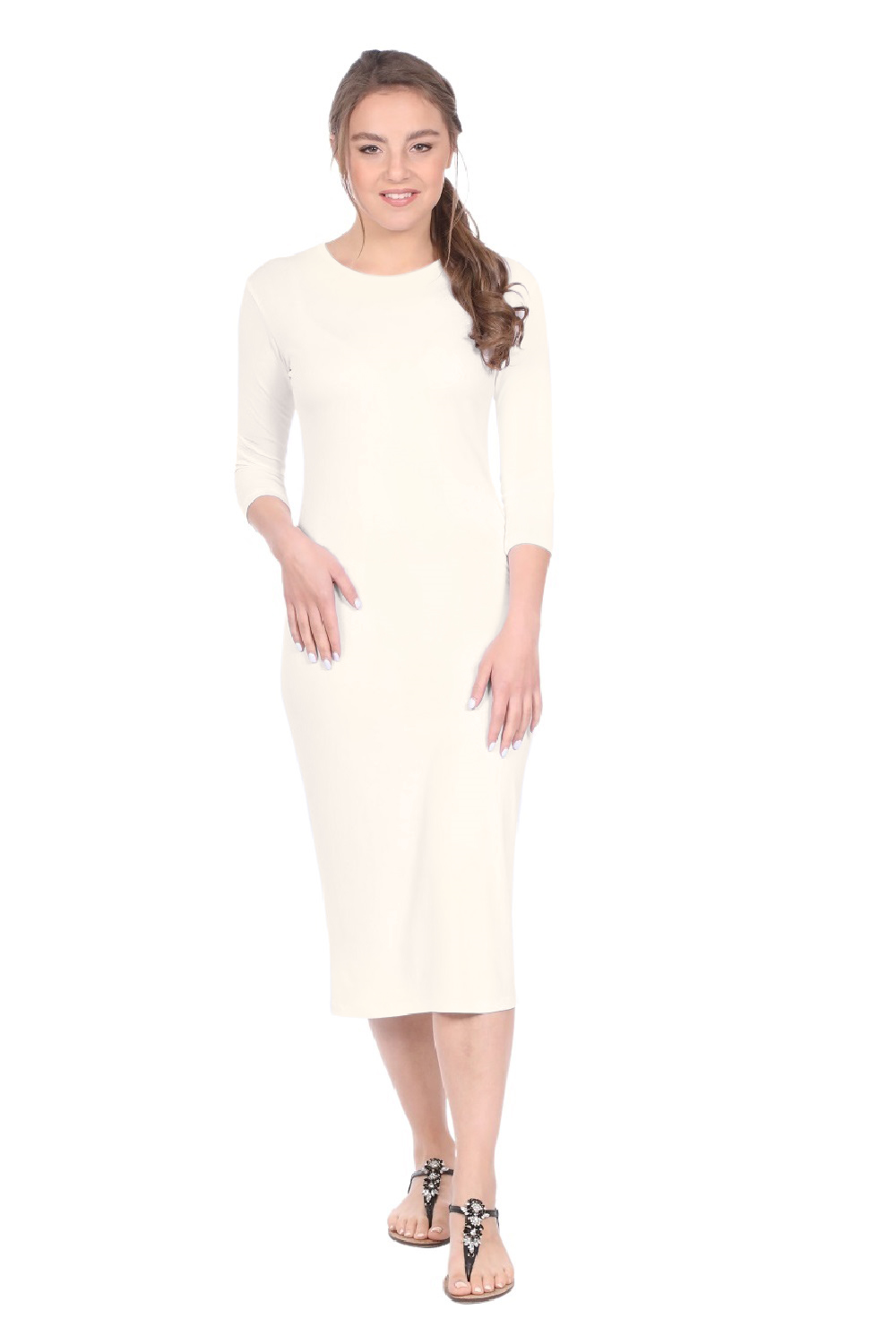 Modest Layering Dress with Sleeves and No Slits - Off White Small