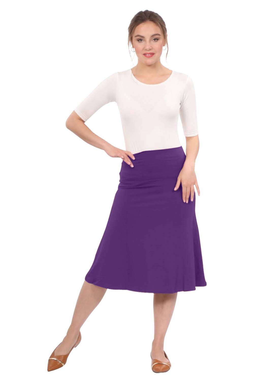 Sleek A-Line Adjustable Waist Midi Skirt with Fold-Over Waistband - Pretty Purple Small
