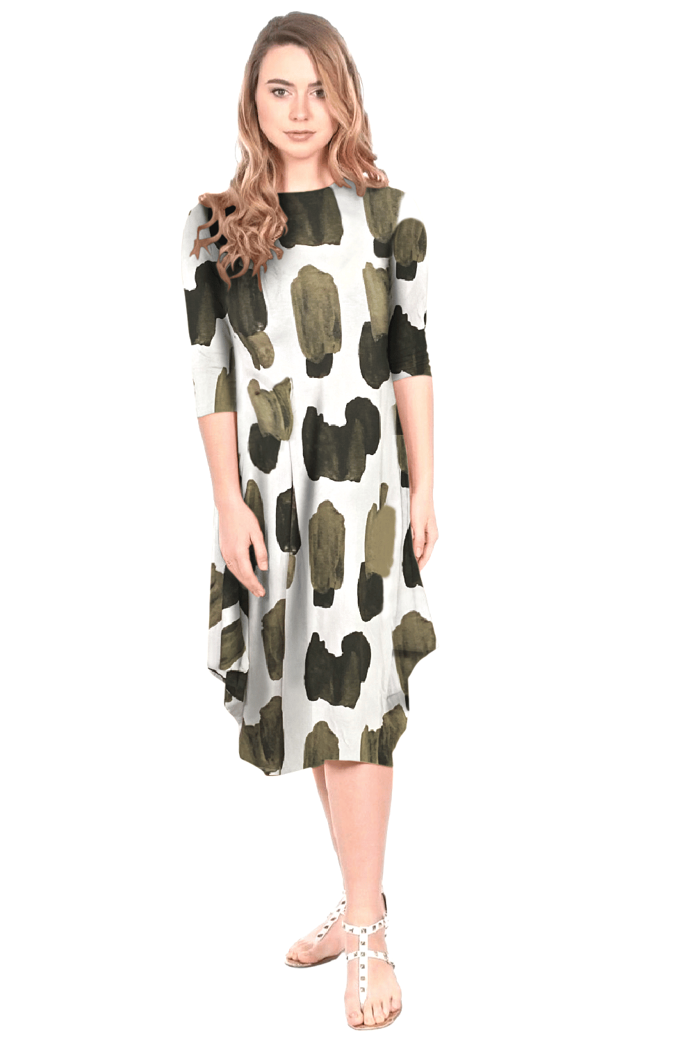 Flowing Midi Dress with Sleeves and Dramatic Drape - Off White Olive Oblong Medium