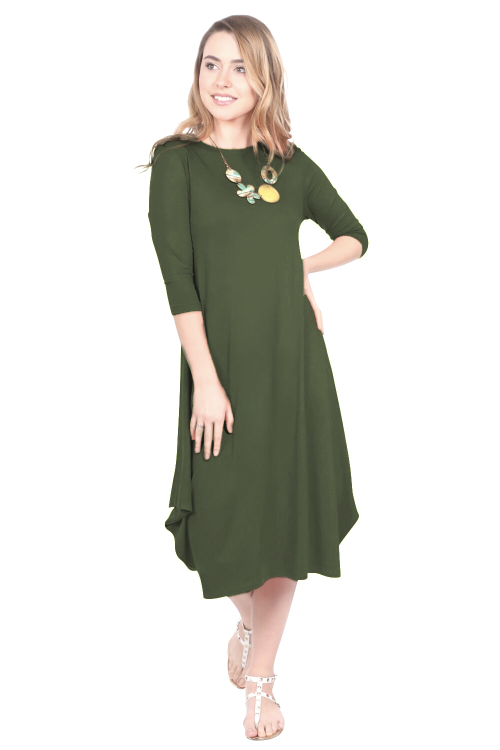 Flowing Midi Dress with Sleeves and Dramatic Drape - Olive Small