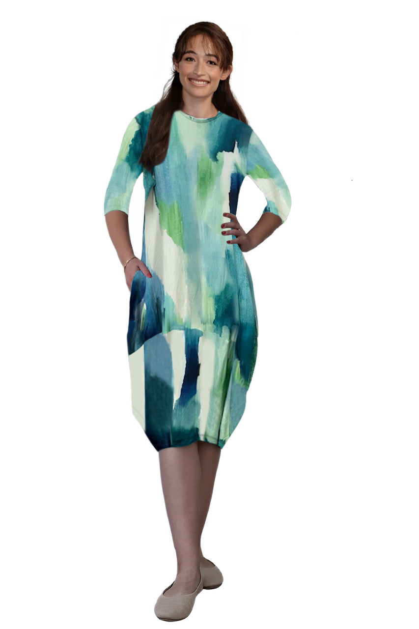 Sleeve Tulip Cocoon Dress - Mid-Calf Length with Pockets - Blue Green Print Medium