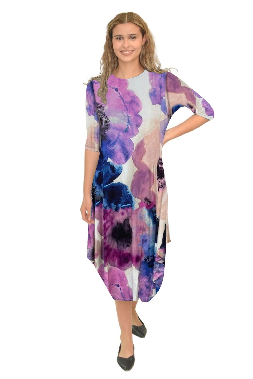 Flowing Midi Dress with Sleeves and Dramatic Drape - PurpleBlue Floral X