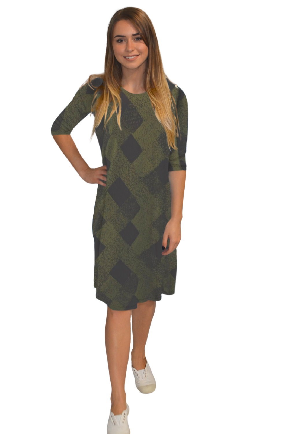 Classic Knee Length A-Line Shirt Dress - Olive Black Print Large
