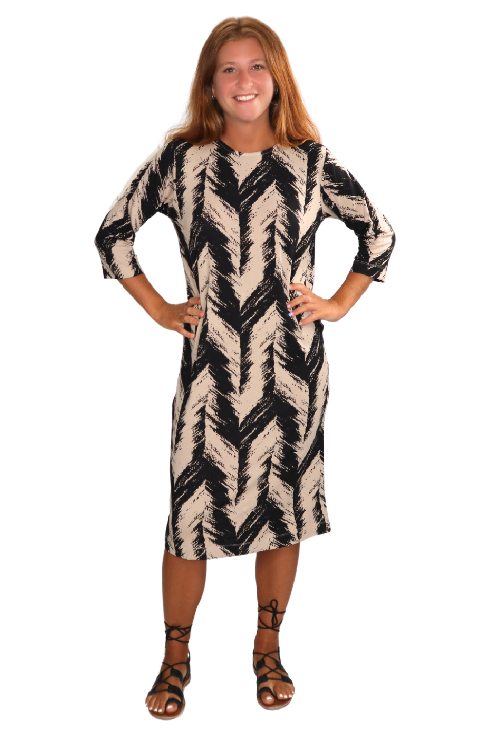 Classic Sleeve Modest Knee-Length Shift Dress - BeigeBlack Brushed XX