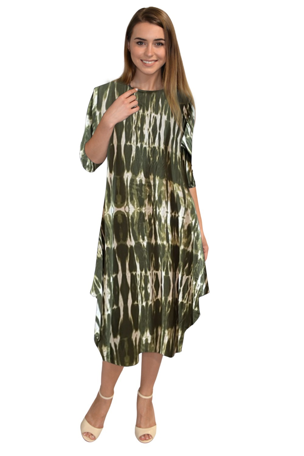 Flowing Midi Dress with Sleeves and Dramatic Drape