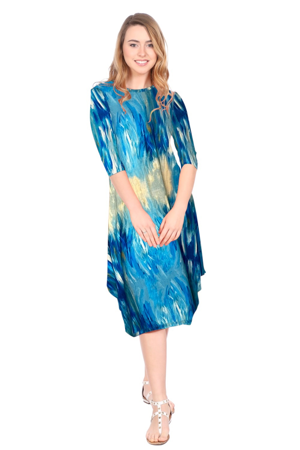 Flowing Midi Dress with Sleeves and Dramatic Drape - Blue Brush Strokes Small