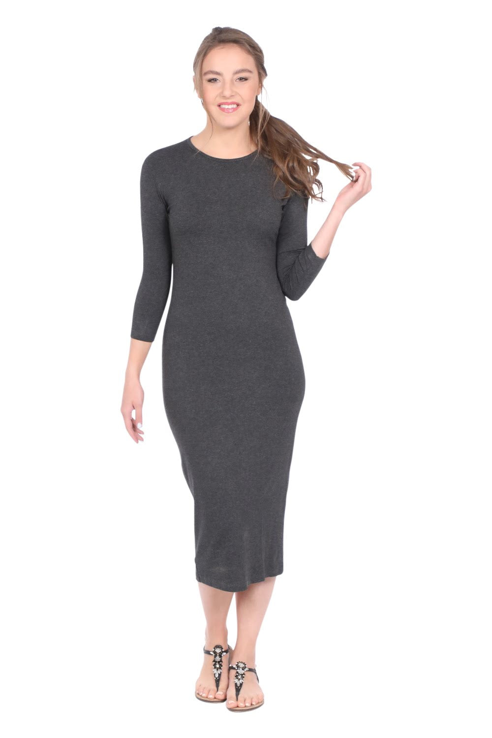 Modest Layering Dress with Sleeves and No Slits - Dark Charcoal Grey Small