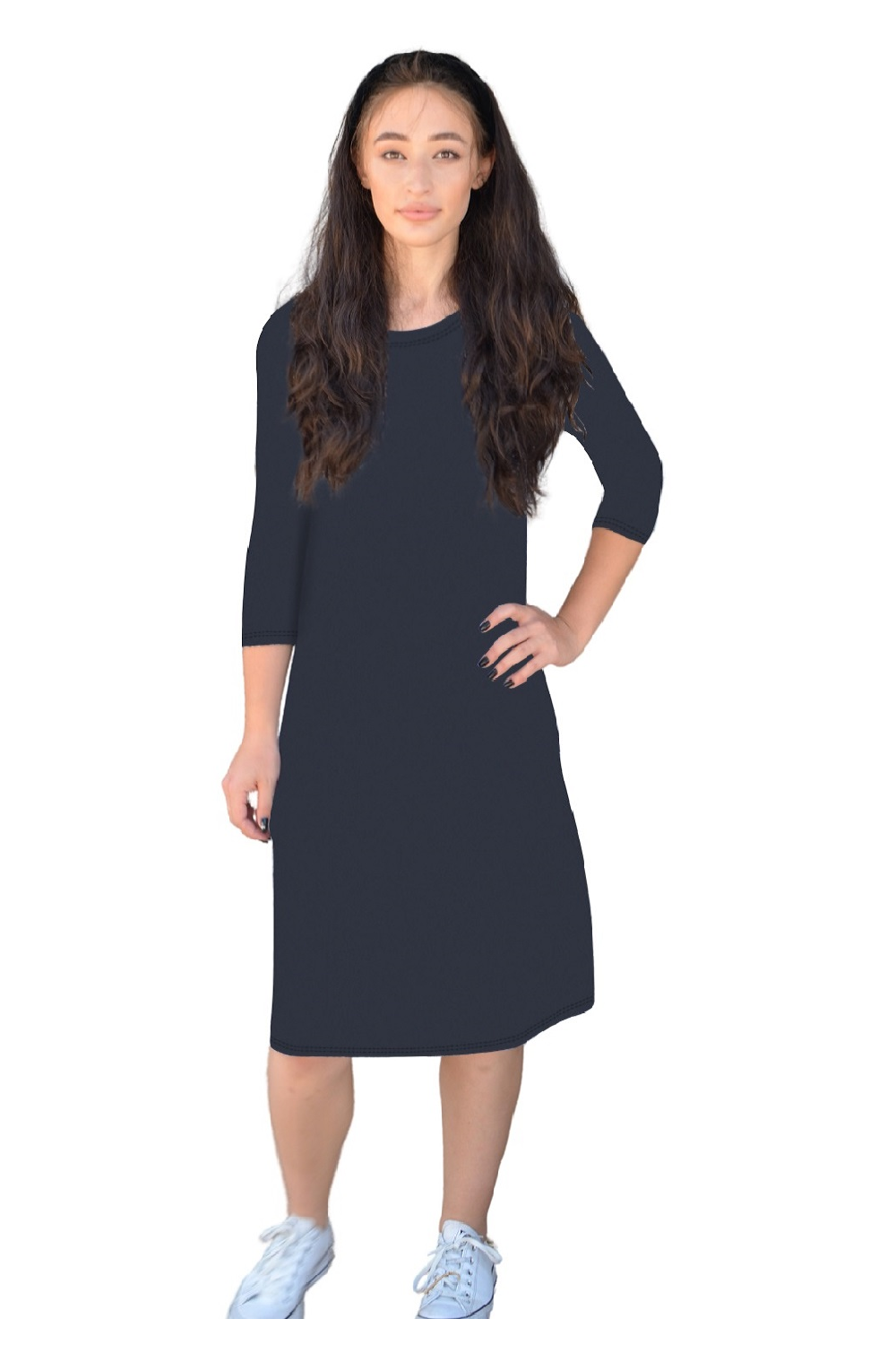 Classic Knee Length A-Line Shirt Dress - Dark Navy Medium
