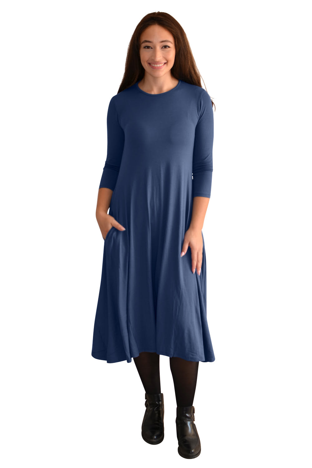 Mid-Calf Sleeve Swing Dress with Pockets - Navy Small