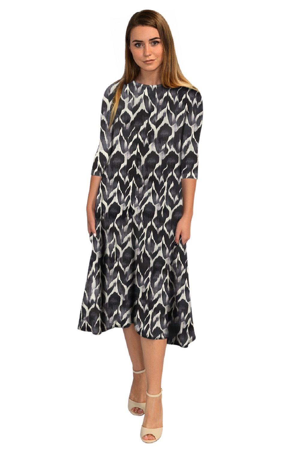 Mid-Calf Sleeve Swing Dress with Pockets - BlackWhite Dip Dye Large