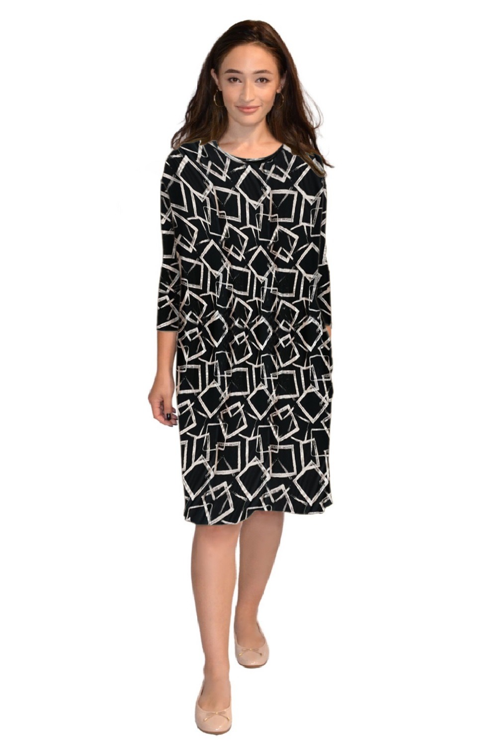Relaxed Fit Modest Sleeve Knee-Length Dress with Pockets - Black White Frames SmallMedium