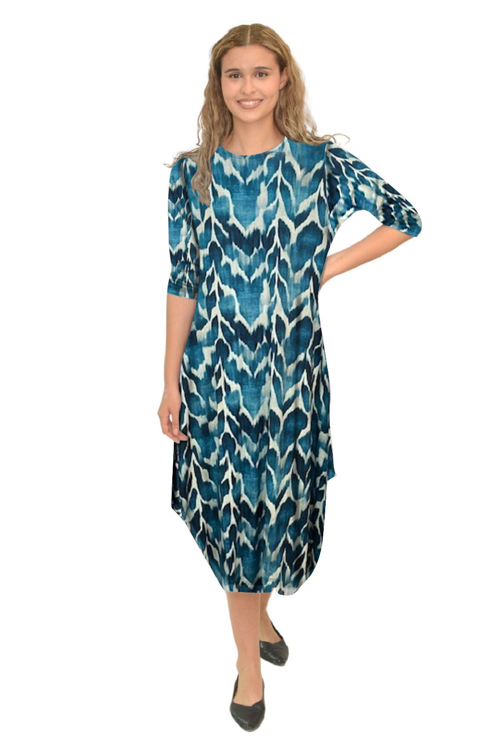 Flowing Midi Dress with Sleeves and Dramatic Drape - BlueWhite Dip Dye Small