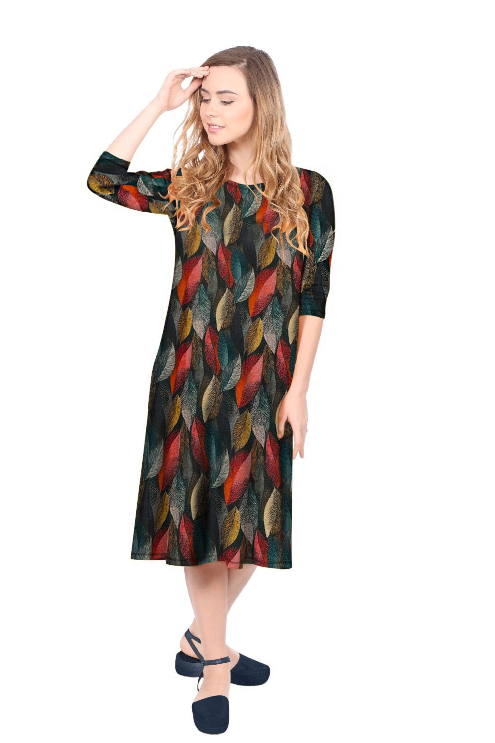 Past The Knee Shirt Dress - Comfortable A-Line Silhouette - Autumn Leaves Large