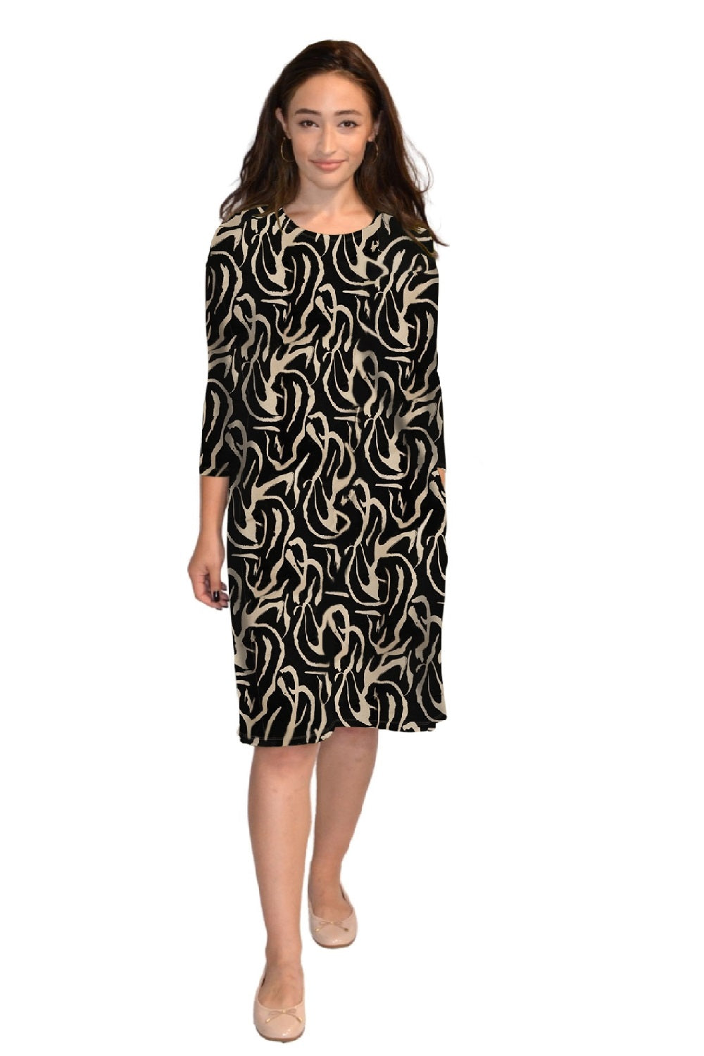 Relaxed Fit Modest Sleeve Knee-Length Dress with Pockets - BlackBeige Abstract SmallMedium