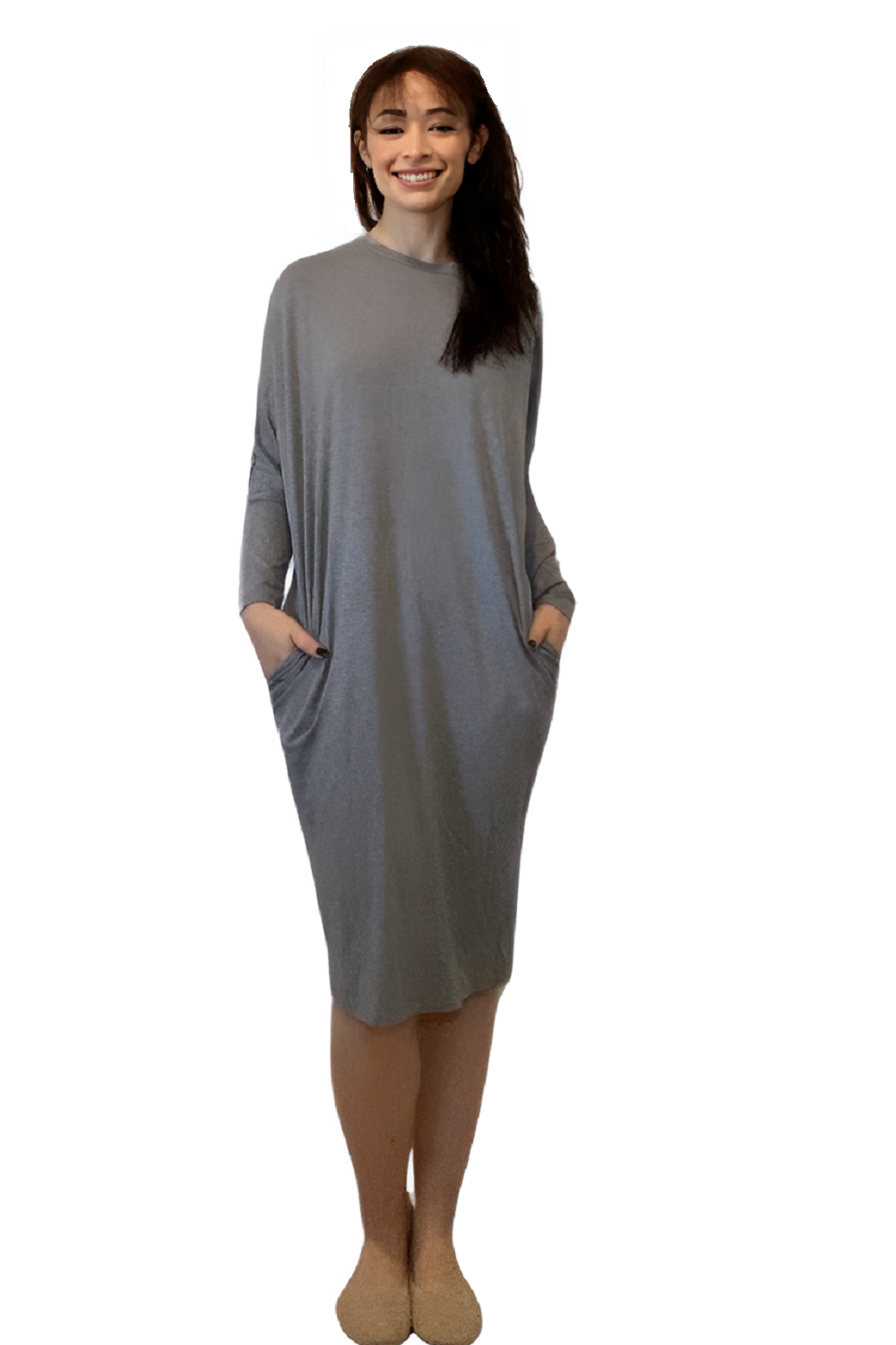 Batwing Long Sleeve Casual Comfort Midi Dress with Pockets - Charcoal Grey One Size