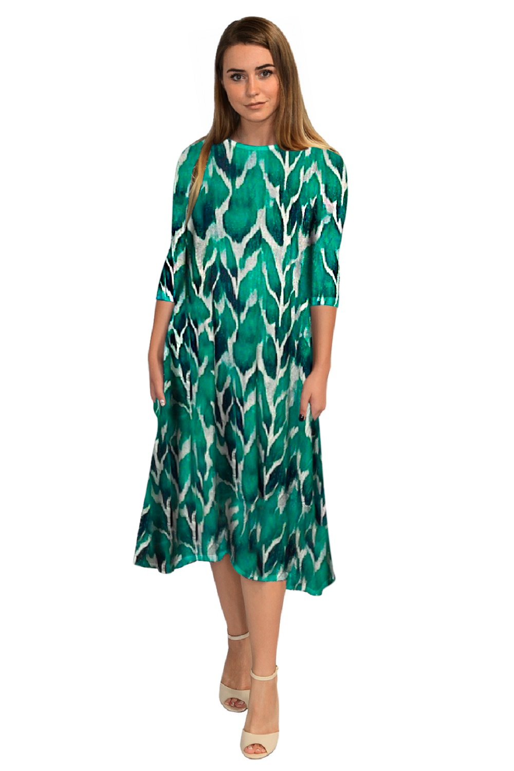 Mid-Calf Sleeve Swing Dress with Pockets - TealWhite Dip Dye XX