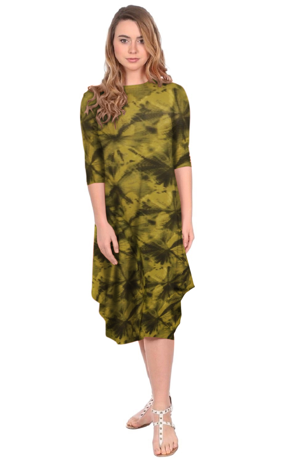 Flowing Midi Dress with Sleeves and Dramatic Drape