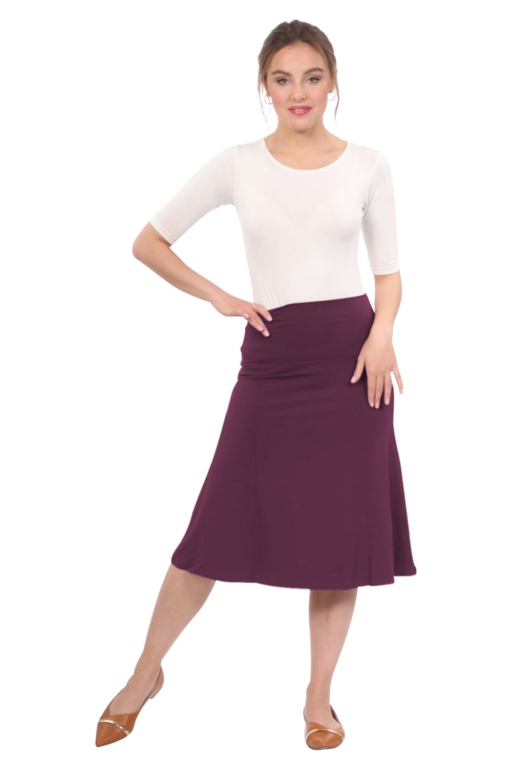 Sleek A-Line Adjustable Waist Midi Skirt with Fold-Over Waistband - Eggplant Small