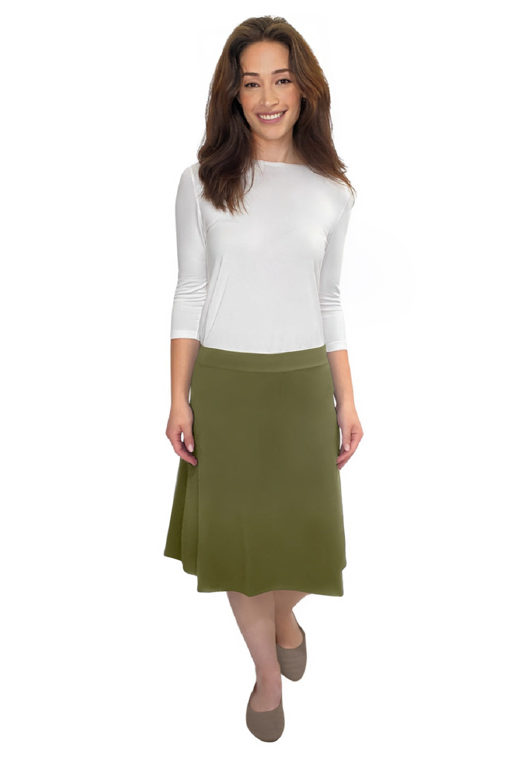 Classic A-Line Knee Length Cotton Stretch Skirt - Modest Everyday Comfort - Olive Small