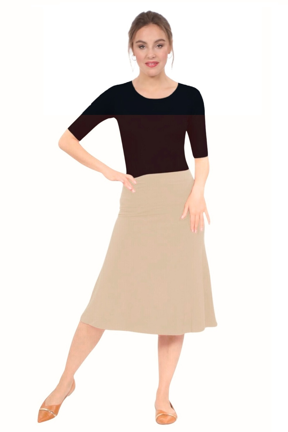 Sleek A-Line Adjustable Waist Midi Skirt with Fold-Over Waistband - Beige Medium