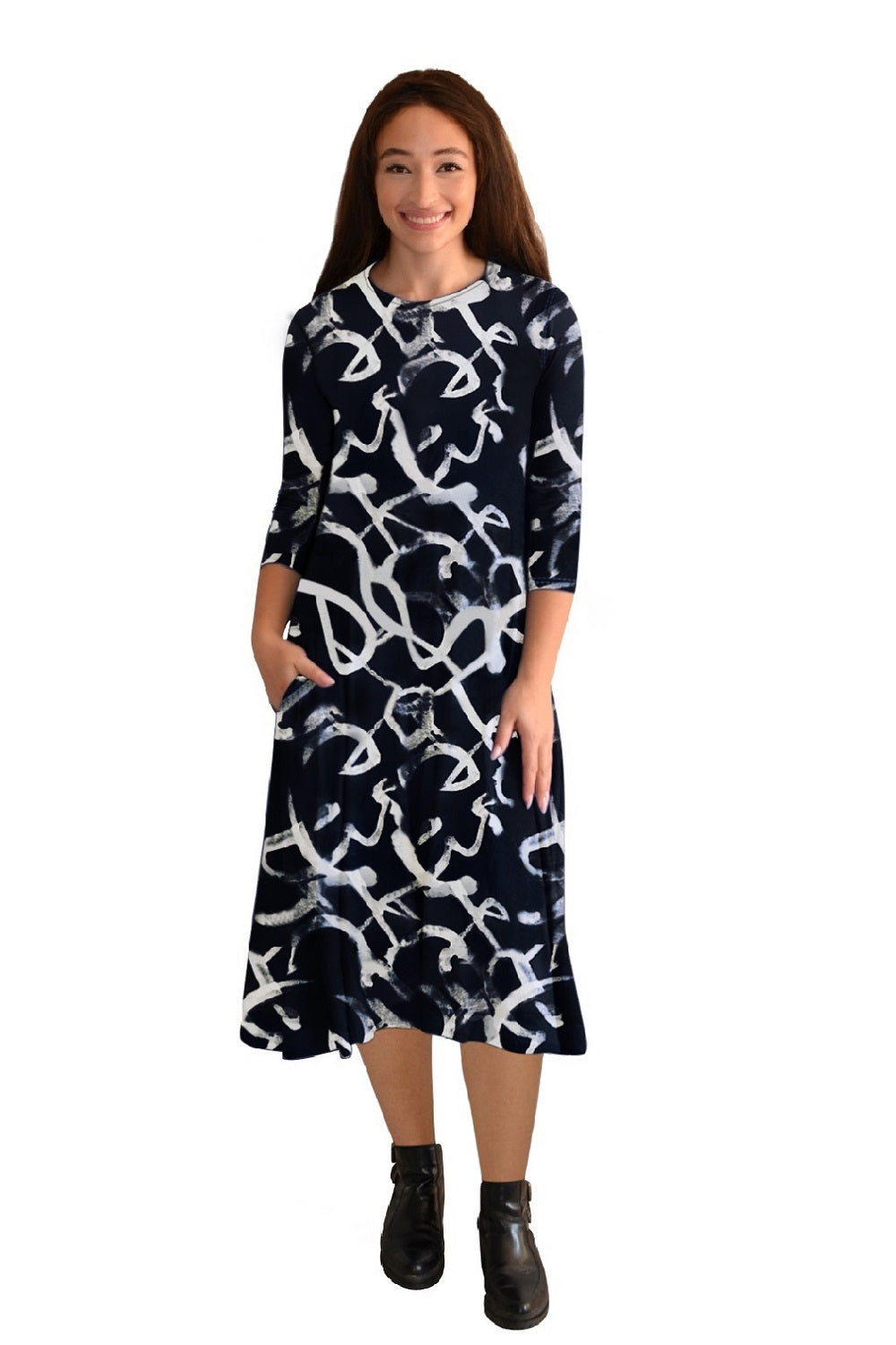 Mid-Calf Sleeve Swing Dress with Pockets - WhiteBlack Stamp Print X