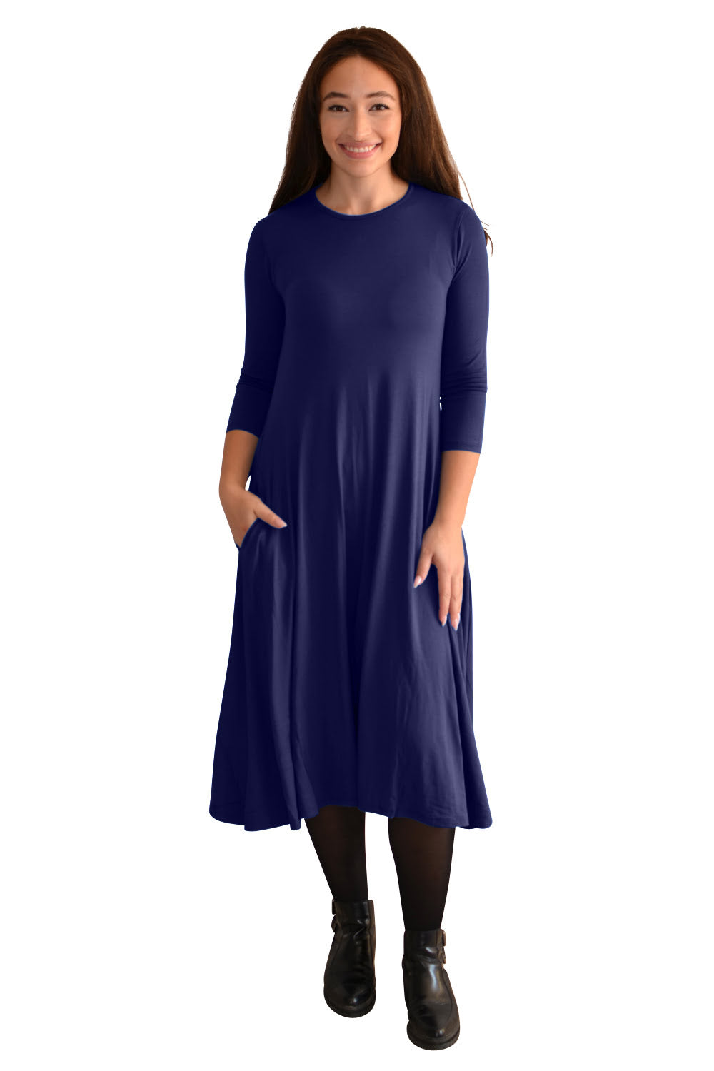 Mid-Calf Sleeve Swing Dress with Pockets - Dark Navy Small