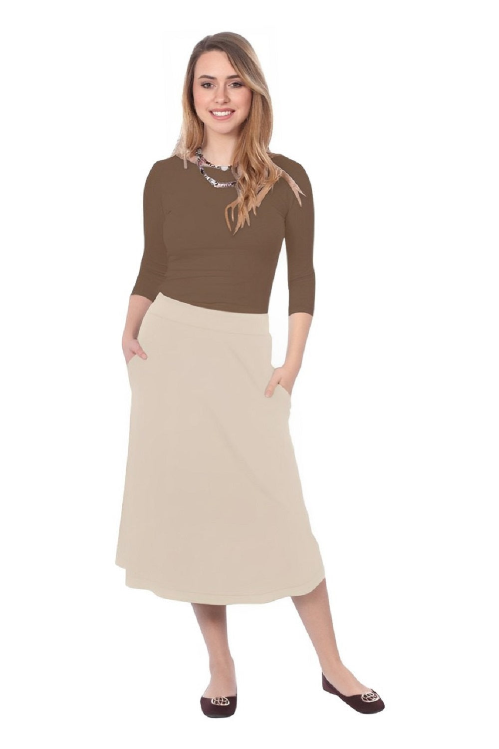 The Perfect A-Line Midi Skirt with Pockets - Soft Beige Large