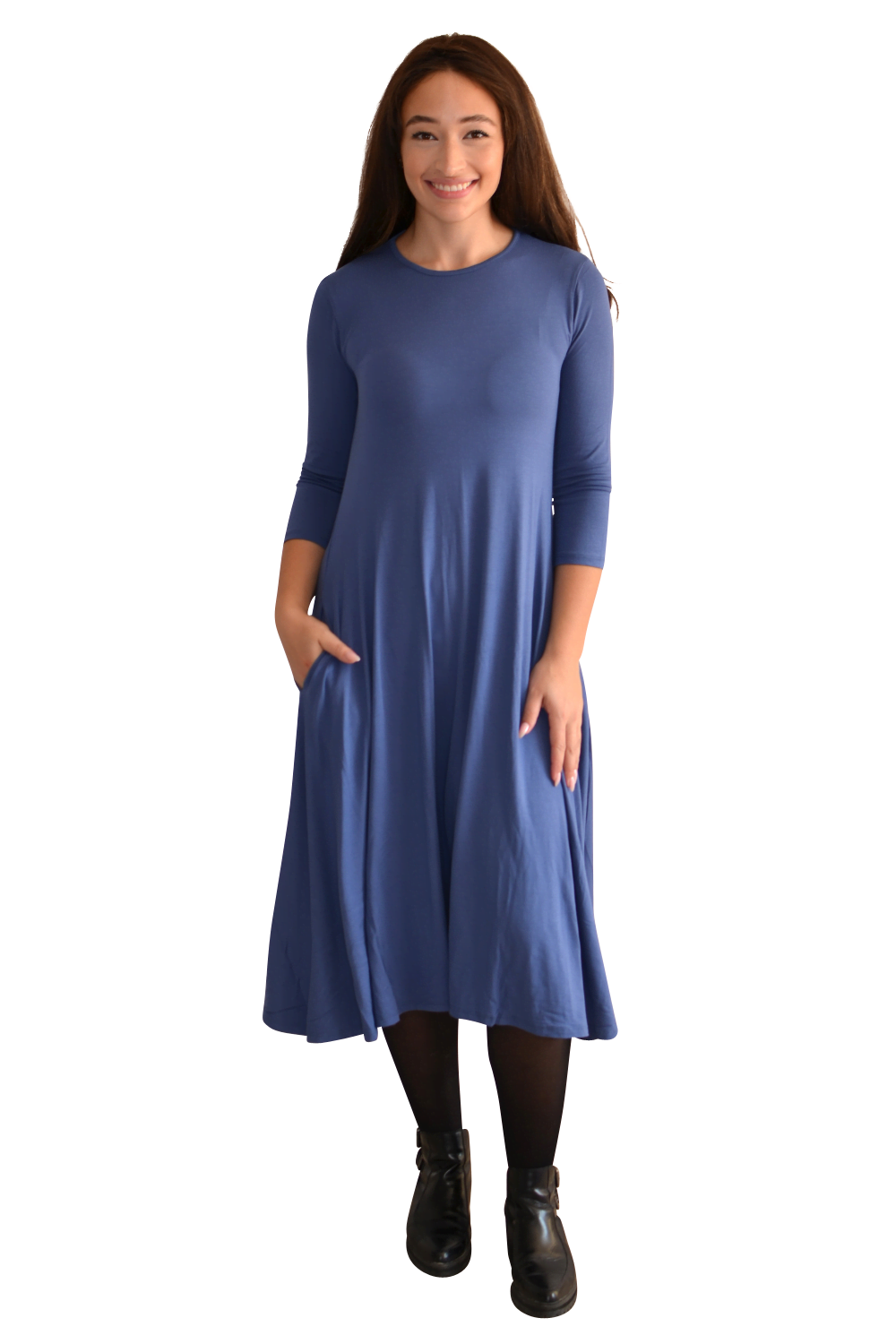 Mid-Calf Sleeve Swing Dress with Pockets - Jeans Blue Small