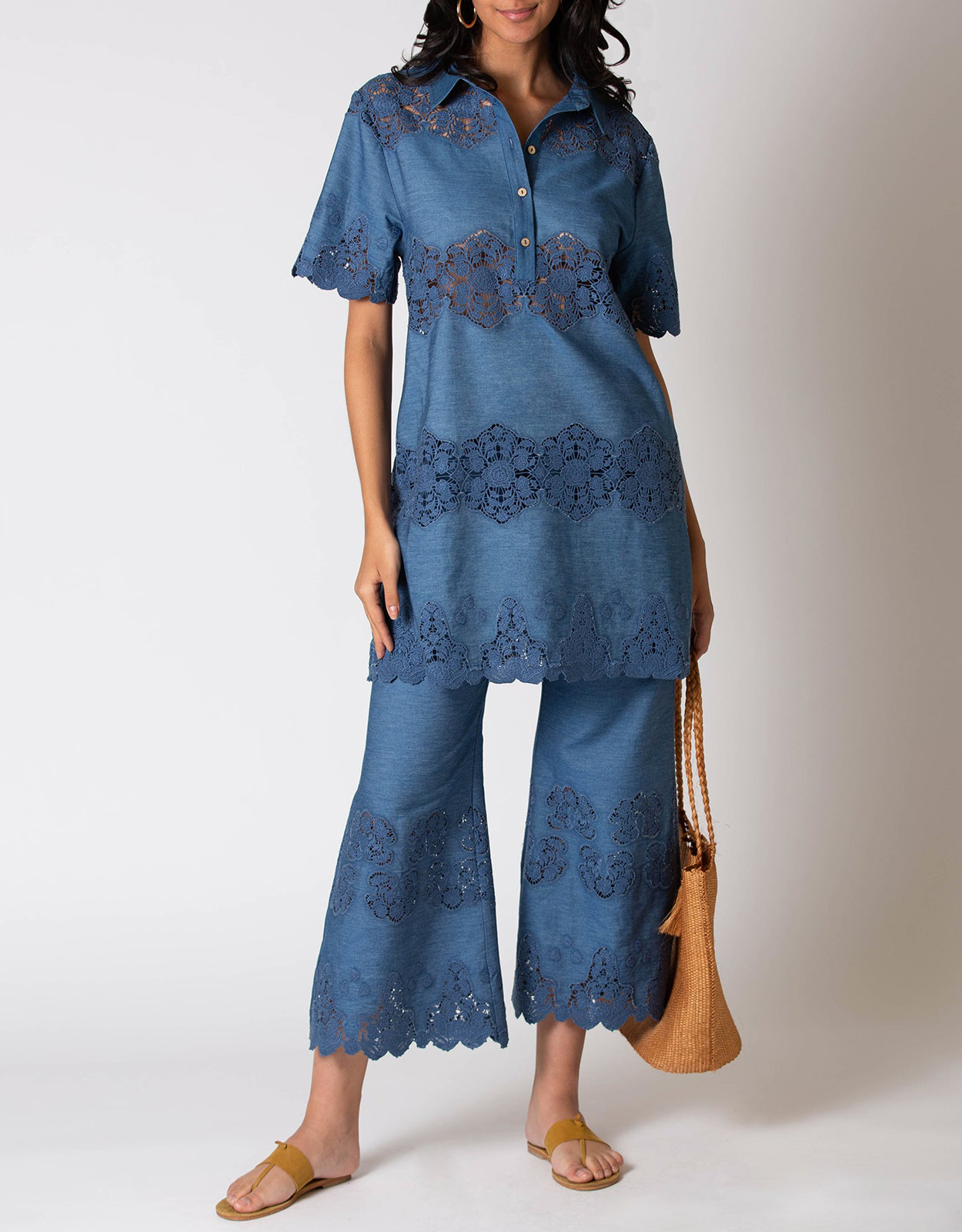Miguelina Elle Denim Embroidered Tunic Mini Dress