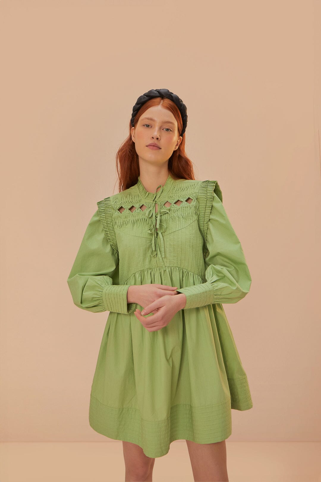 Green Open Yoke Mini Dress, GREEN