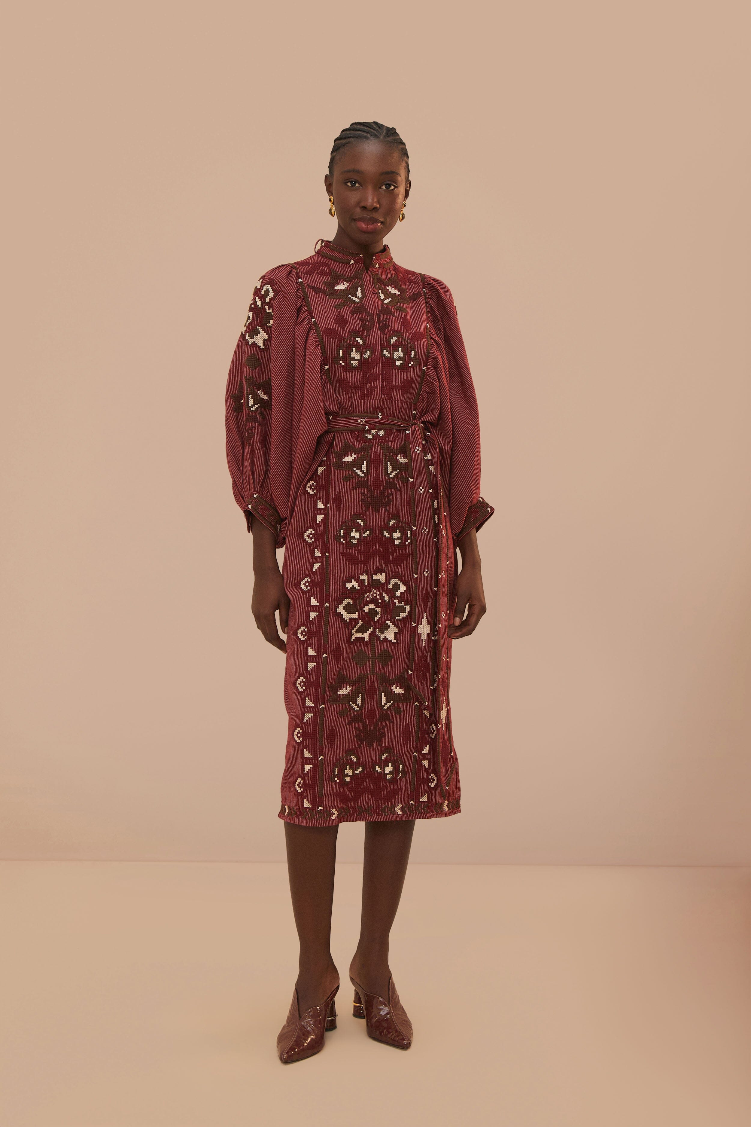 Toucans Scarf Cross Stitch Embroidered Midi Dress, BURGUNDY