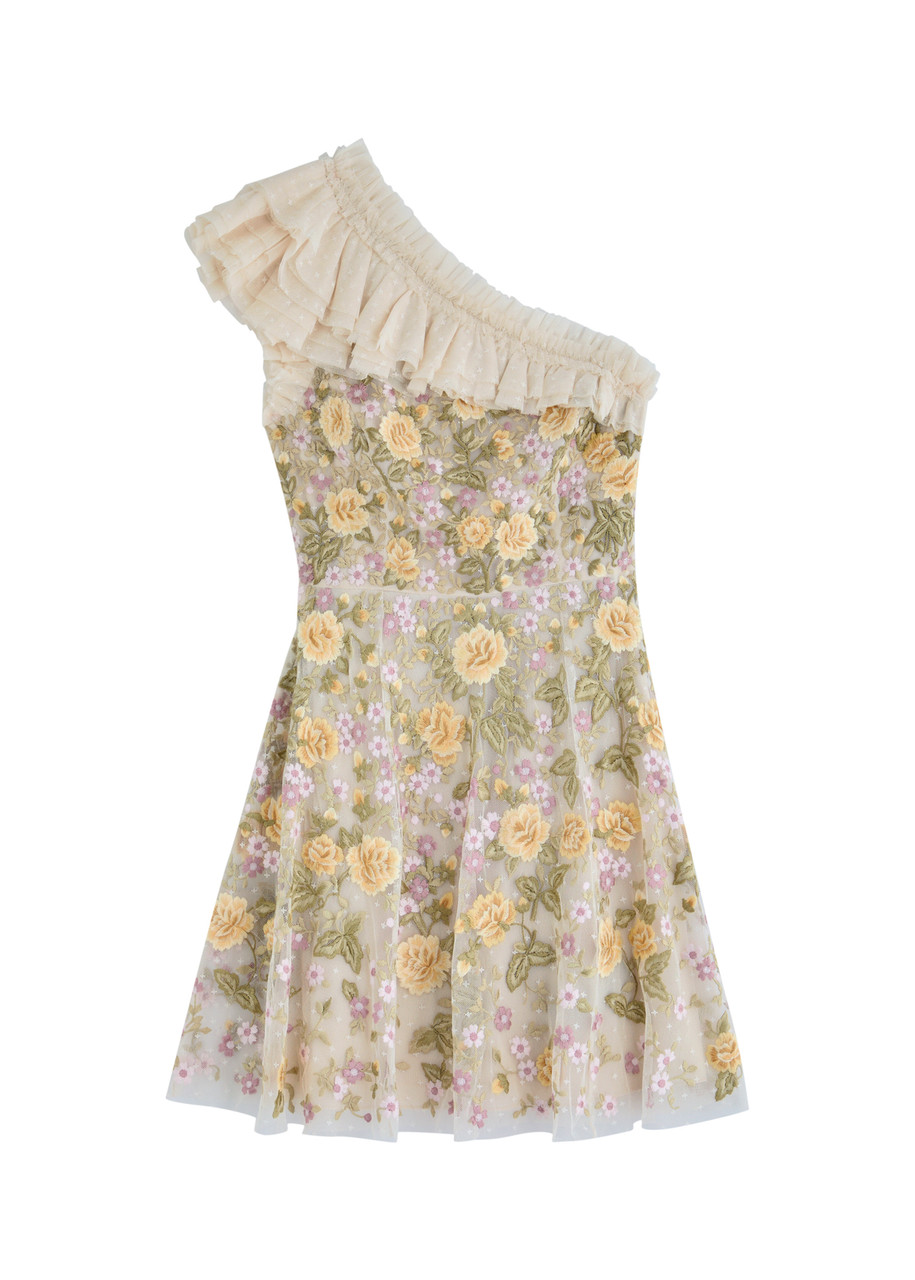 Needle & Thread Florine One-shoulder Embroidered Tulle Mini Dress - Cream - L