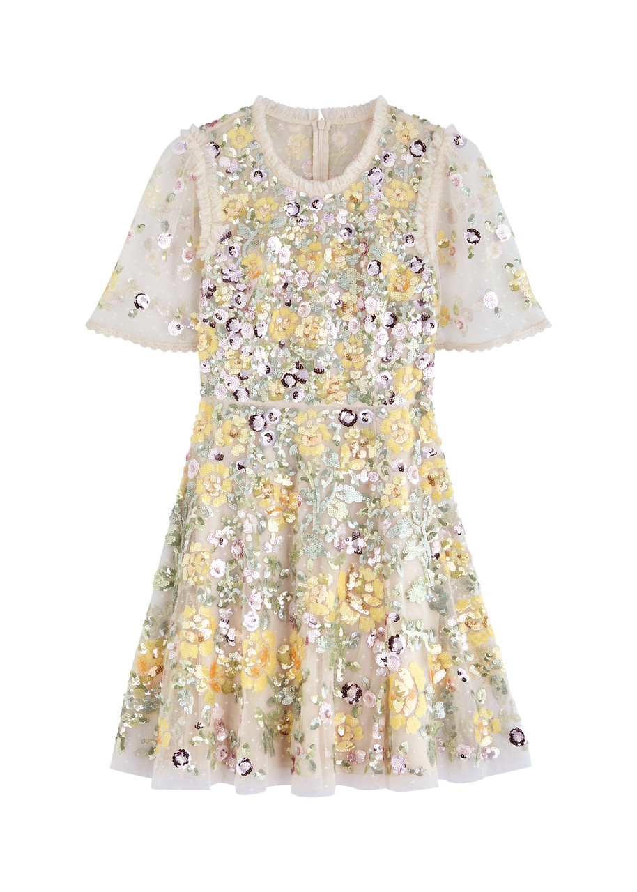 Needle & Thread Elina Rose Embellished Tulle Mini Dress - Cream - S