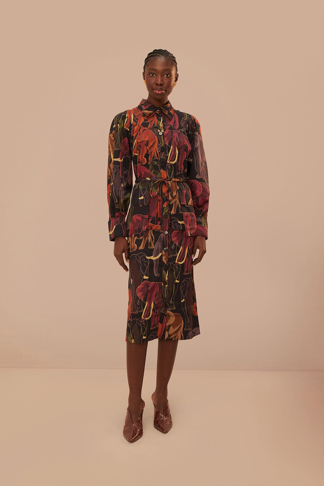 Brown Elephants Long Sleeve Midi Dress, ELEPHANTS BROWN