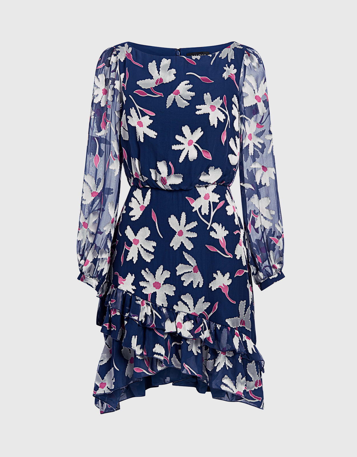 Saloni Felicia Silk Boat Neck Floral Ruffled Mini Dress -